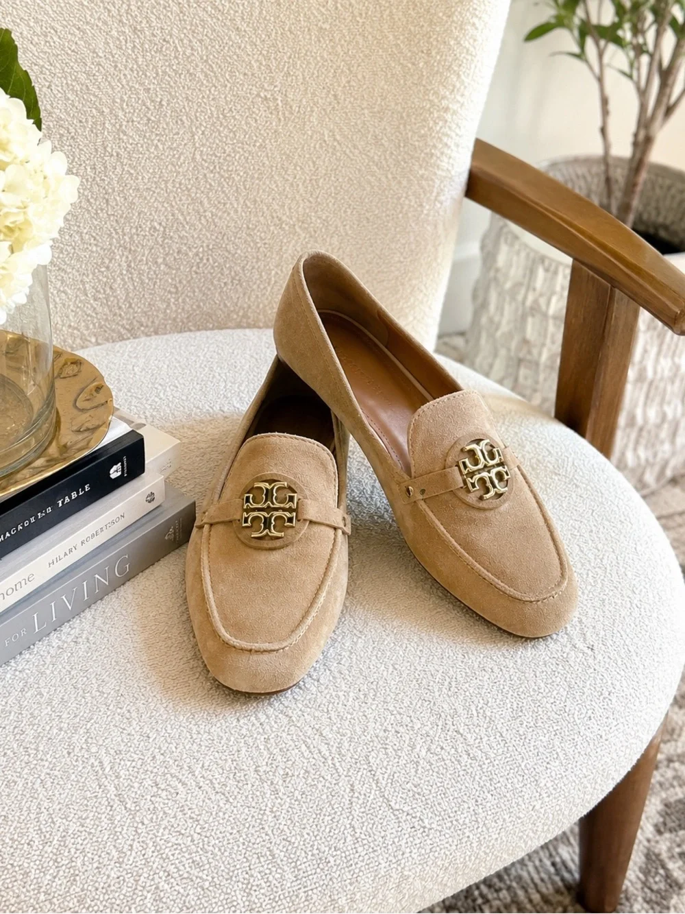 Tory Burch Taupe Suede Loafers Gold Logo Medallion Women’s Size 8